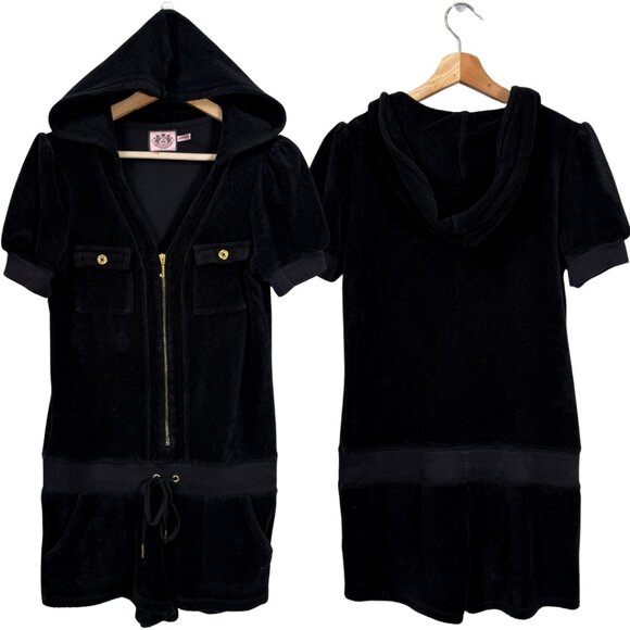 Juicy Couture Y2K Hooded Terry Cloth Romper Playsuit Women's Medium Black Retro - Picture 1 of 13